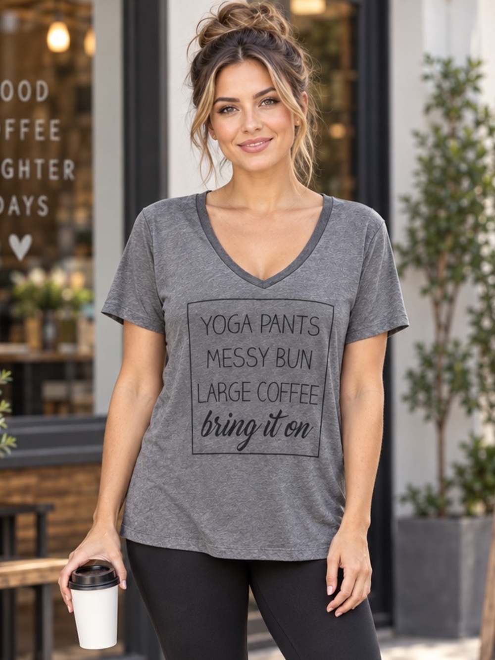 Women’s Casual V-Neck Yoga Tee in Heather Gray Size XL